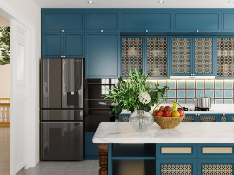 Tủ bếp thiết kế cổ điển mang sắc xanh hiện đại