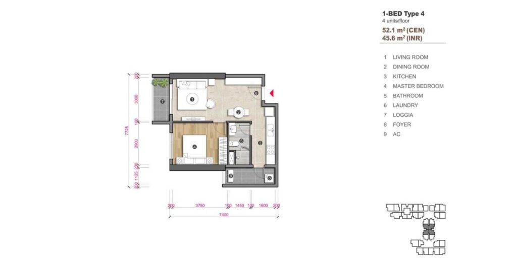 Thiết kế căn hộ 1 phòng ngủ loại 4