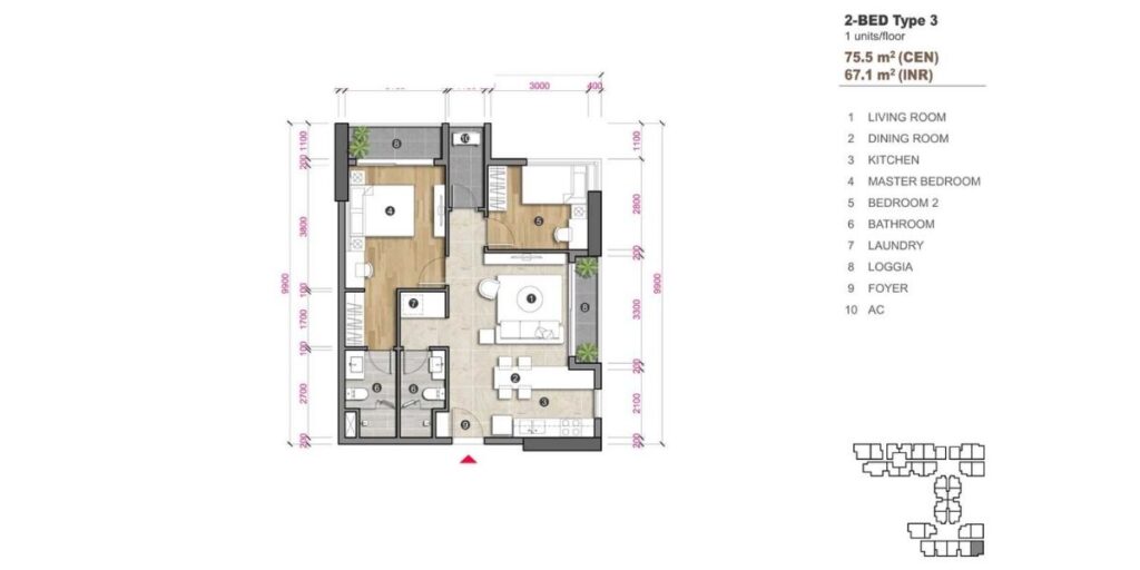 Thiết kế căn hộ 2 phòng ngủ loại 3