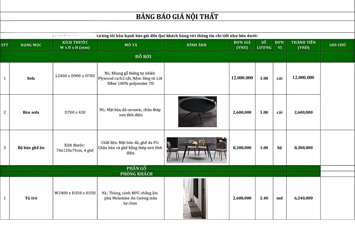 Báo giá nội thất chung cư