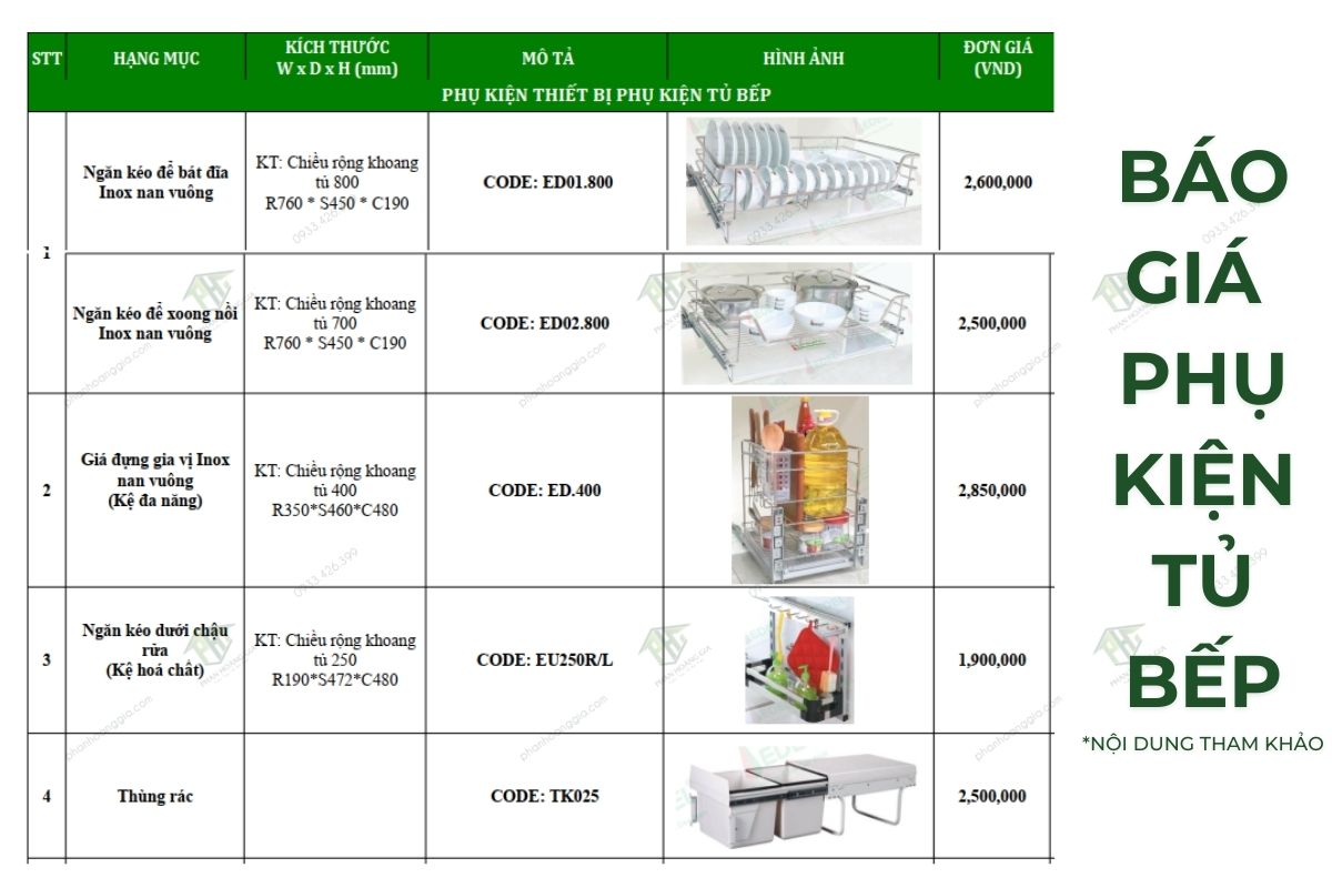 Báo giá phụ kiện bếp