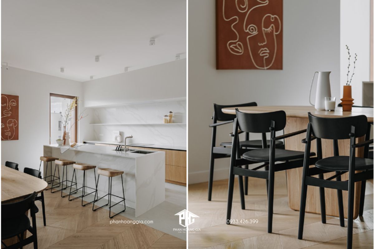 Mẫu thiết kế nội thất phòng bếp tối giản kèm đảo bếp với tông màu trắng