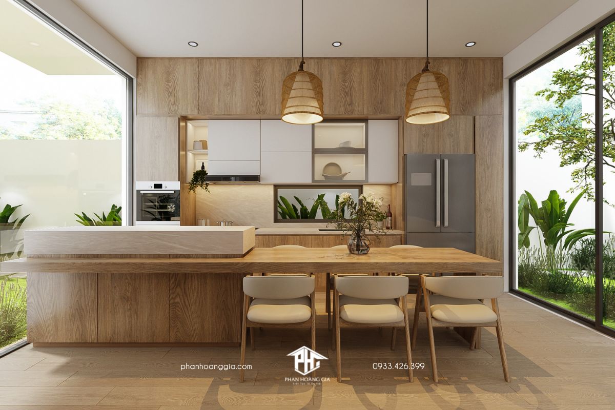 Thiết kế nội thất nhà bếp với bàn ăn bằng gỗ tự nhiên