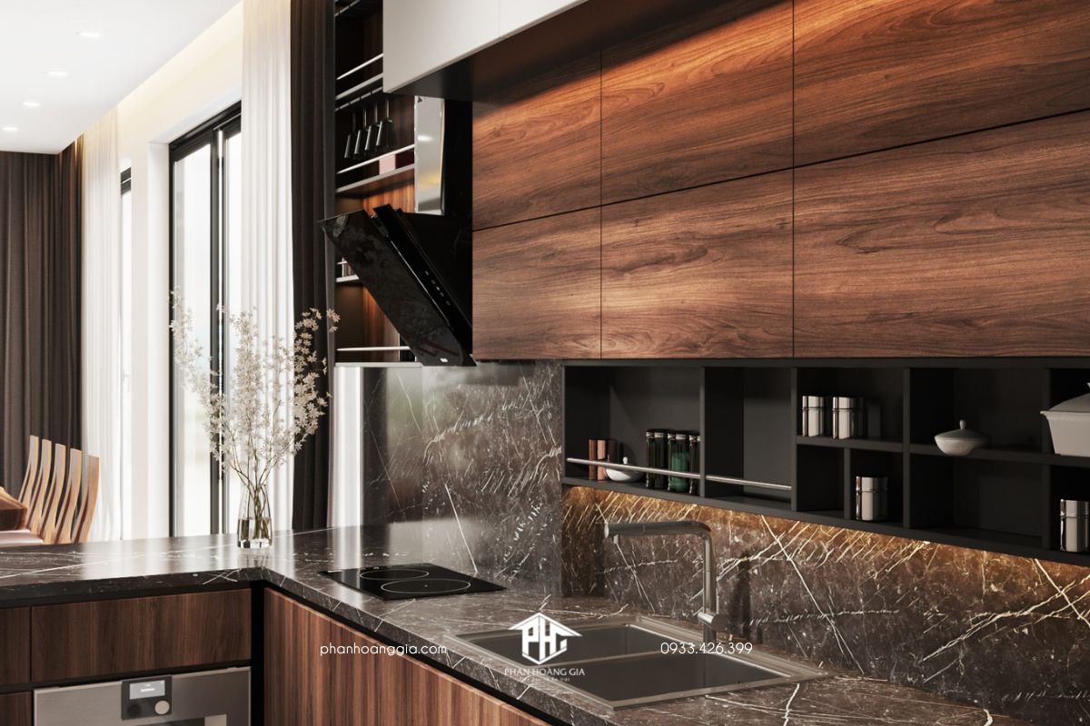 Thiết kế nội thất nhà bếp với tủ bếp gỗ tự nhiên