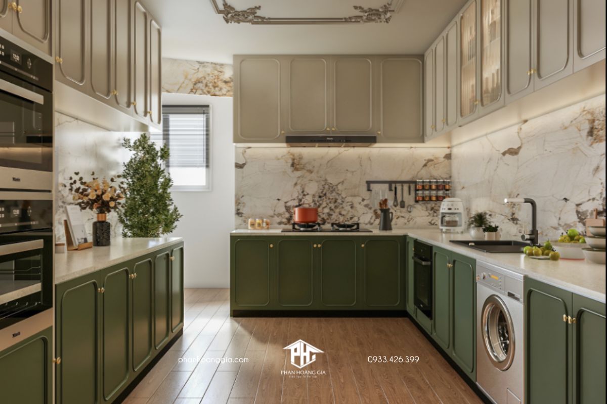 Thiết kế nội thất nhà bếp tân cổ điển với gam màu xanh lá