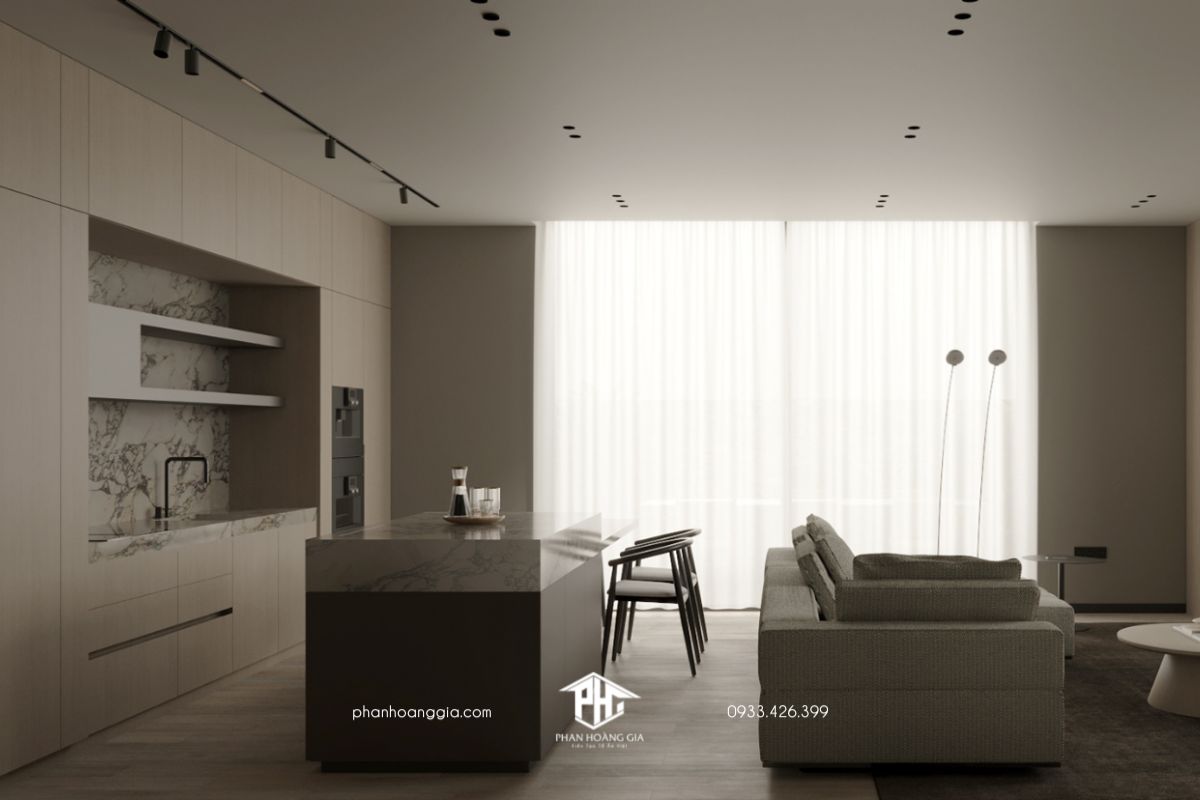Nội thất nhà bếp theo phong cách minimalist liền kề với phòng khách