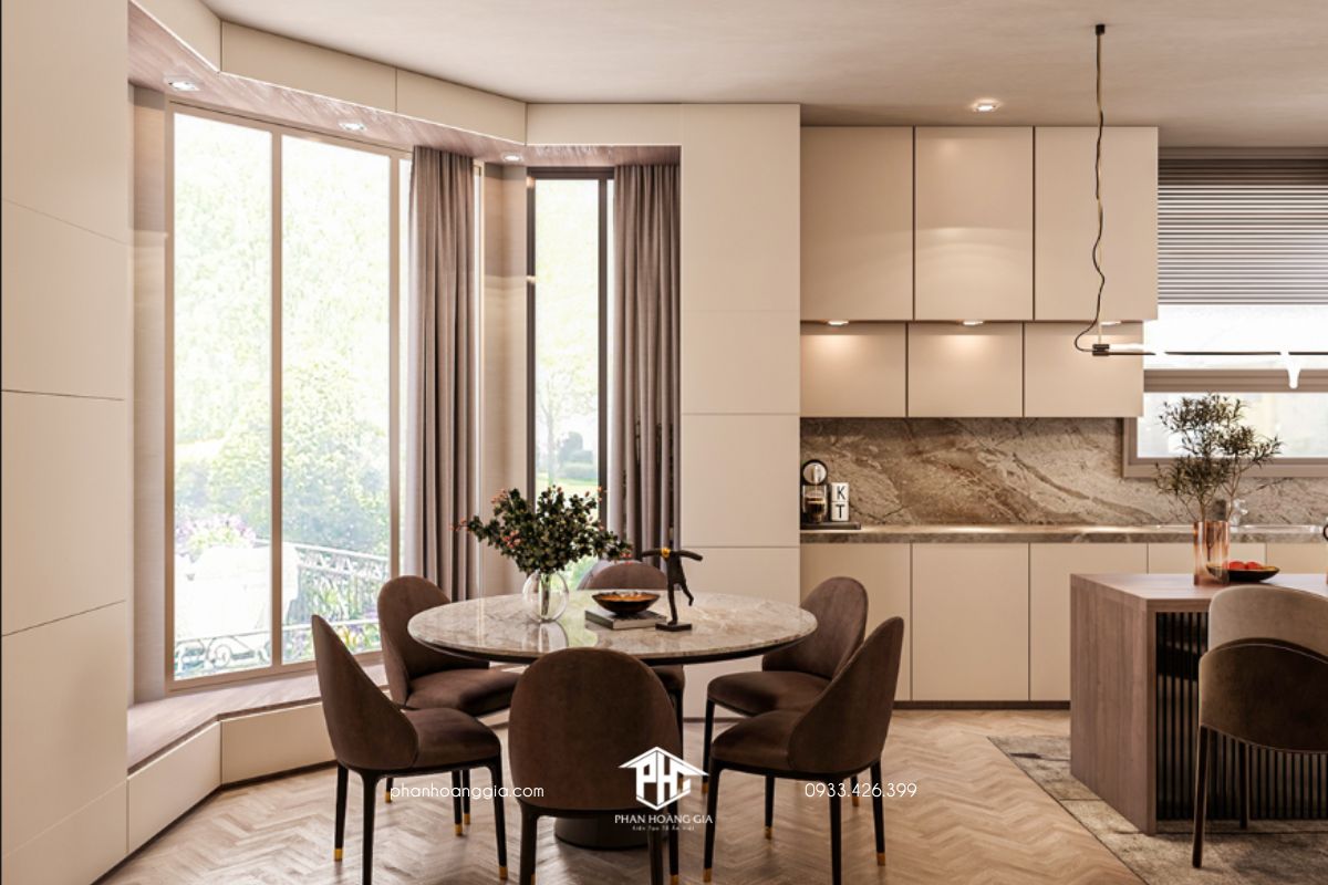 Thiết kế nội thất phòng bếp cho biệt thự hiện đại với bàn ăn tròn