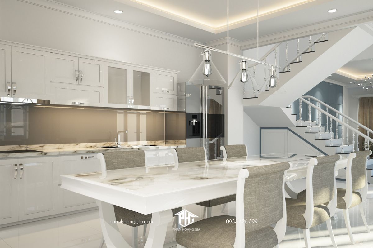 Thiết kế nội thất nhà bếp với tông màu trắng theo phong cách tân cổ điển
