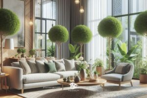 Phòng khách nhà phố kết hợp với cây xanh tạo nên không gian sống an lành