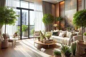 Phòng khách nhà phố và cây xanh kết hợp mang đến sự tươi mới