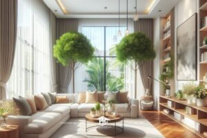 Phòng khách nhà phố và cây xanh kết hợp làm dịu dàng không gian sống