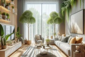 Phòng khách nhà phố kết hợp với cây xanh làm tăng cường năng lượng tích cực