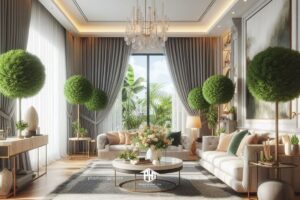 Phòng khách nhà phố và cây xanh kết hợp tạo ra không gian sống cân bằng