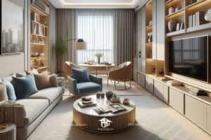 Khiêu vũ ánh sáng và màu sắc nội thất phòng khách độc đáo cho căn hộ 1 phòng ngủ