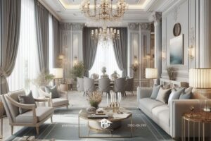 Phòng khách căn hộ tân cổ điển là sự hòa quyện của tinh tế và truyền thống